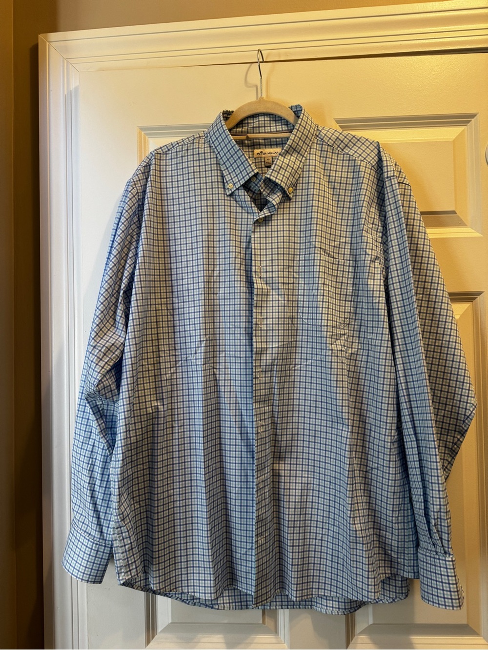 Peter Millar Blue and White Windowpane Button-Down Shirt